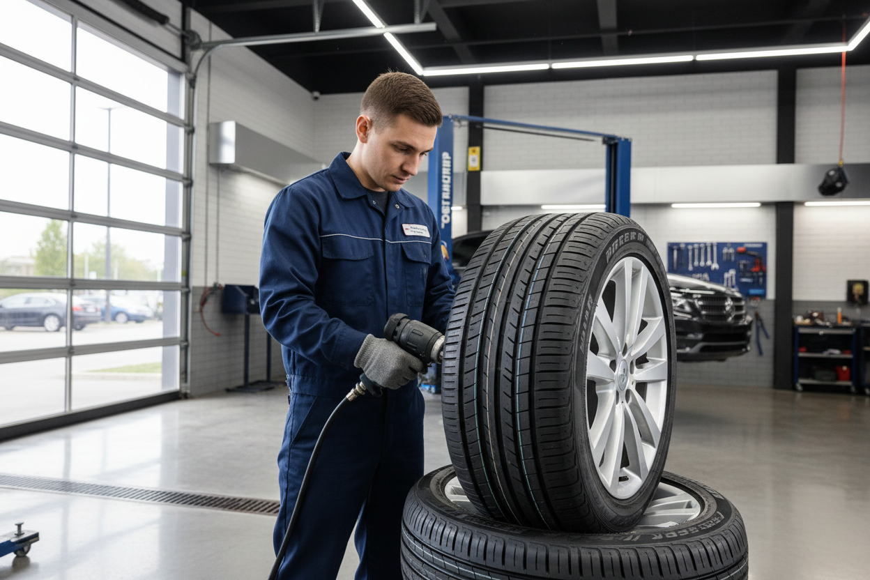 Professional tire installation scene